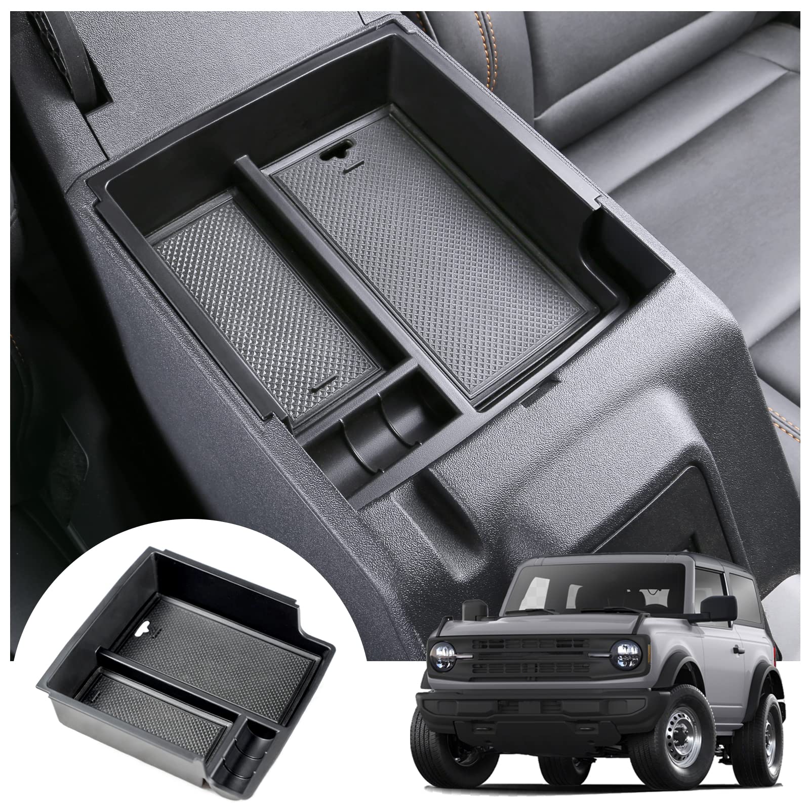 Mabett Center Console Organizer Tray for Ford Bronco 2021–2024 2/4 Door — Armrest Storage Insert with Non‑Slip Mat (Not 