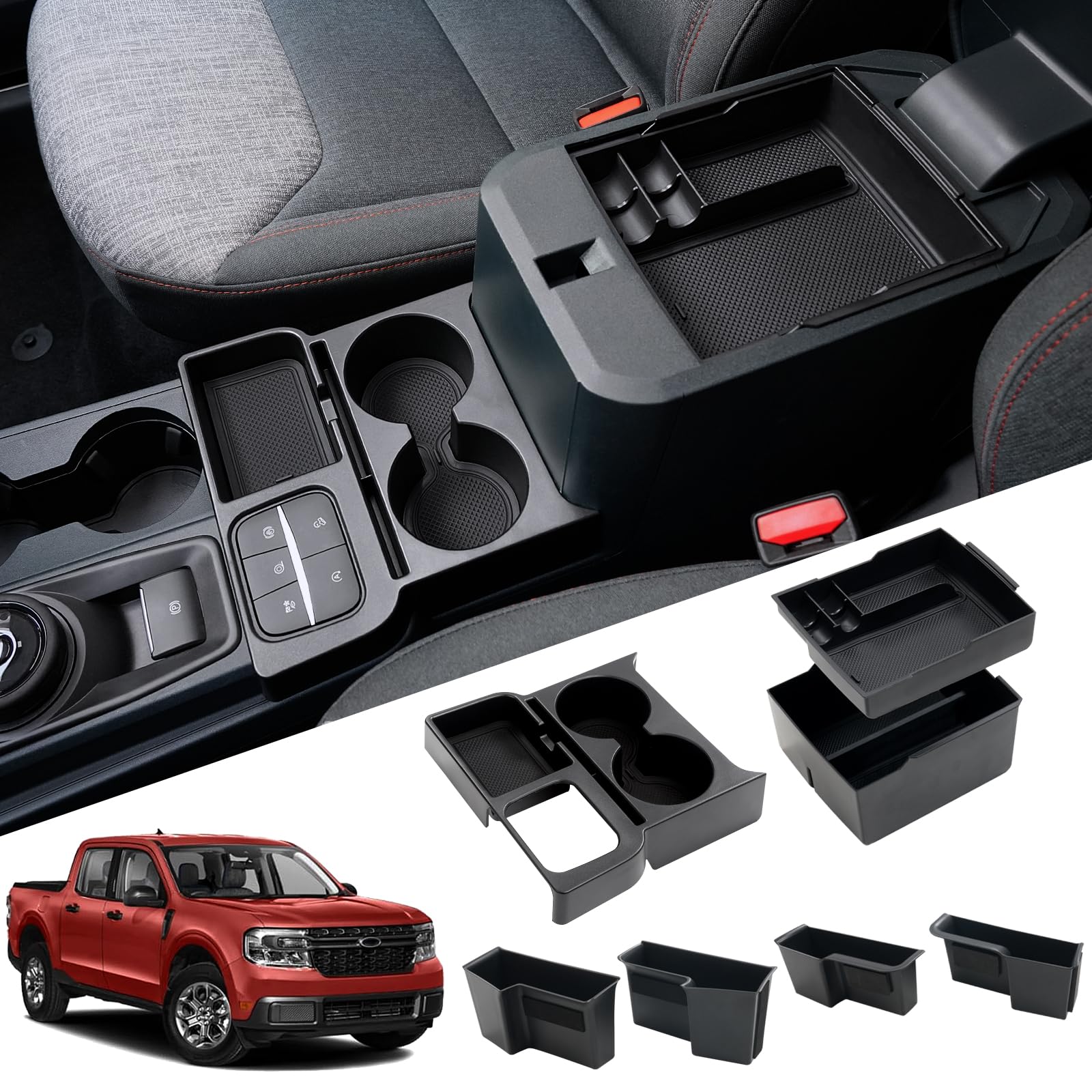 Mabett Center Console Storage Organizer & Dual Cup Holder for Ford Maverick 2022-2025 — 7-Piece Armrest & Door Handle St